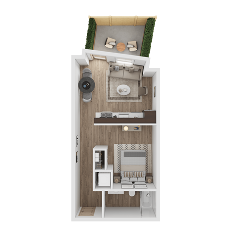 a floor plan of a studio apartment with a bedroom and a living room